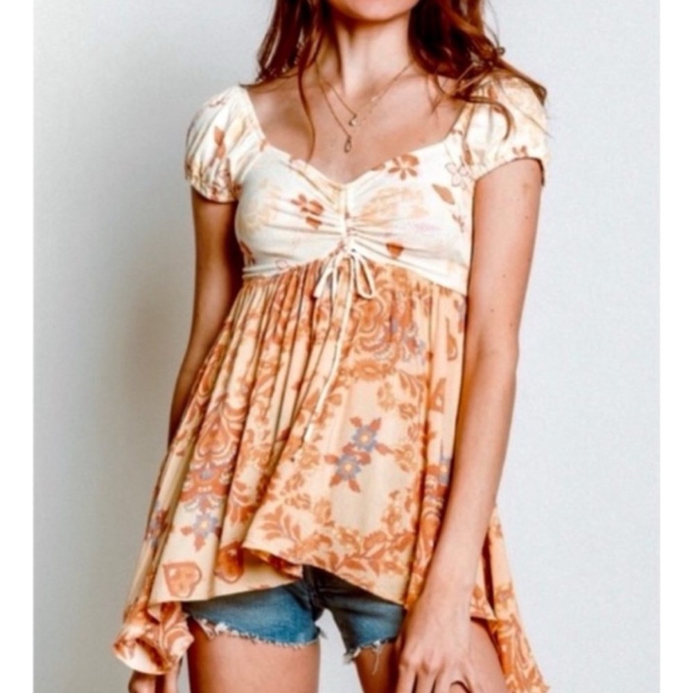 Free People Top Large Babydoll Y2K Asymmetric Hem Stretch Floral Print Coral
